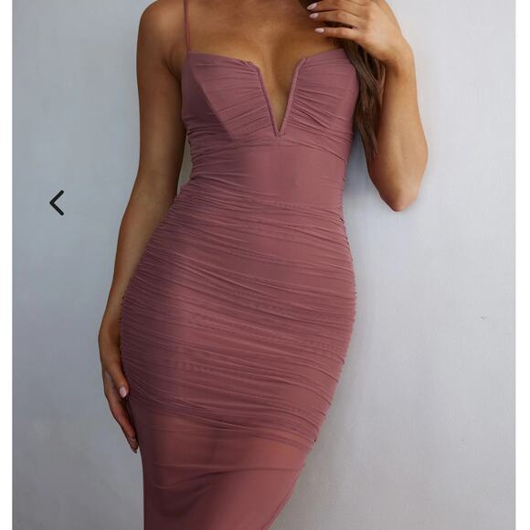 Selfie Leslie Good Vibes V-Bust Sheer Split Midi Dress Rose Blush Women's Size L - Picture 4 of 10